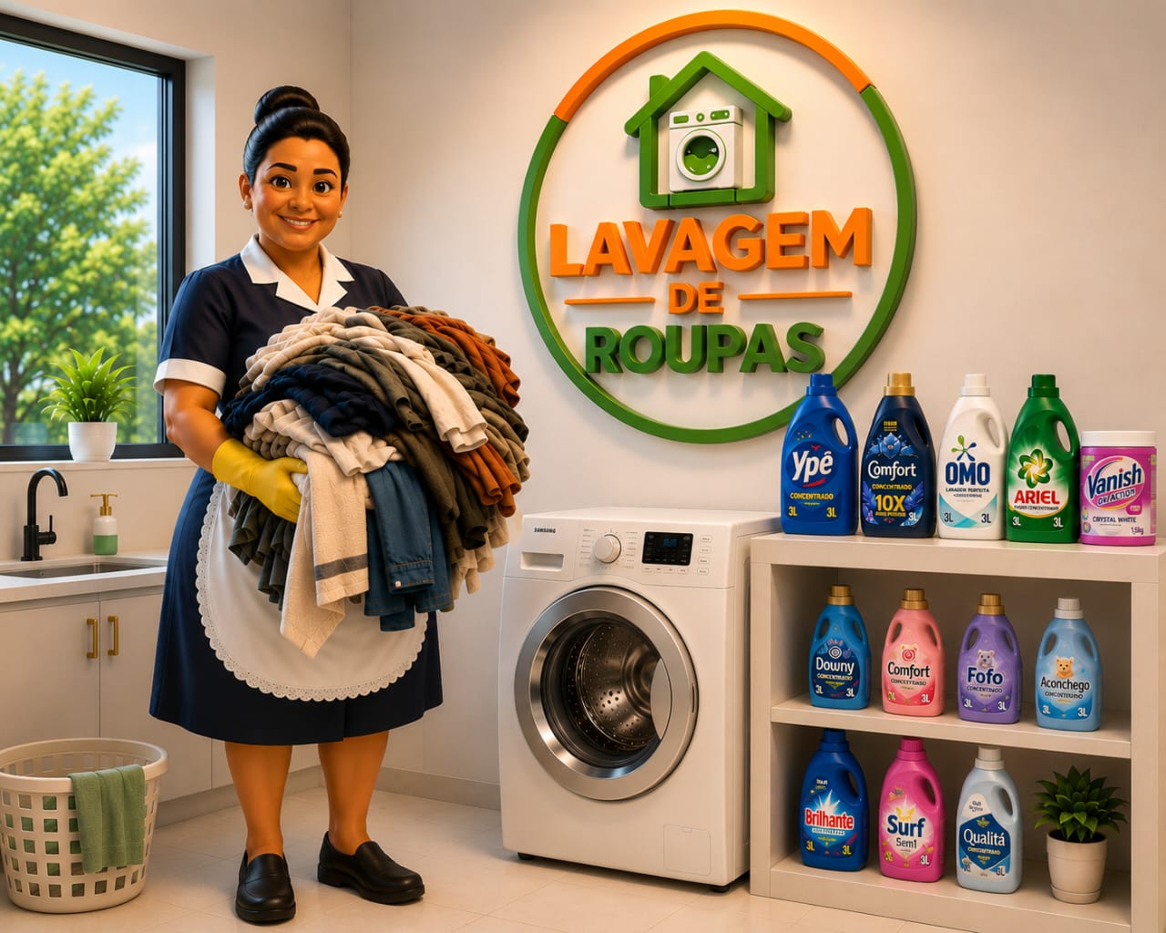 Logo Faxina com produtos de limpeza - balde, detergente, desinfetante, esponja e esfregão
