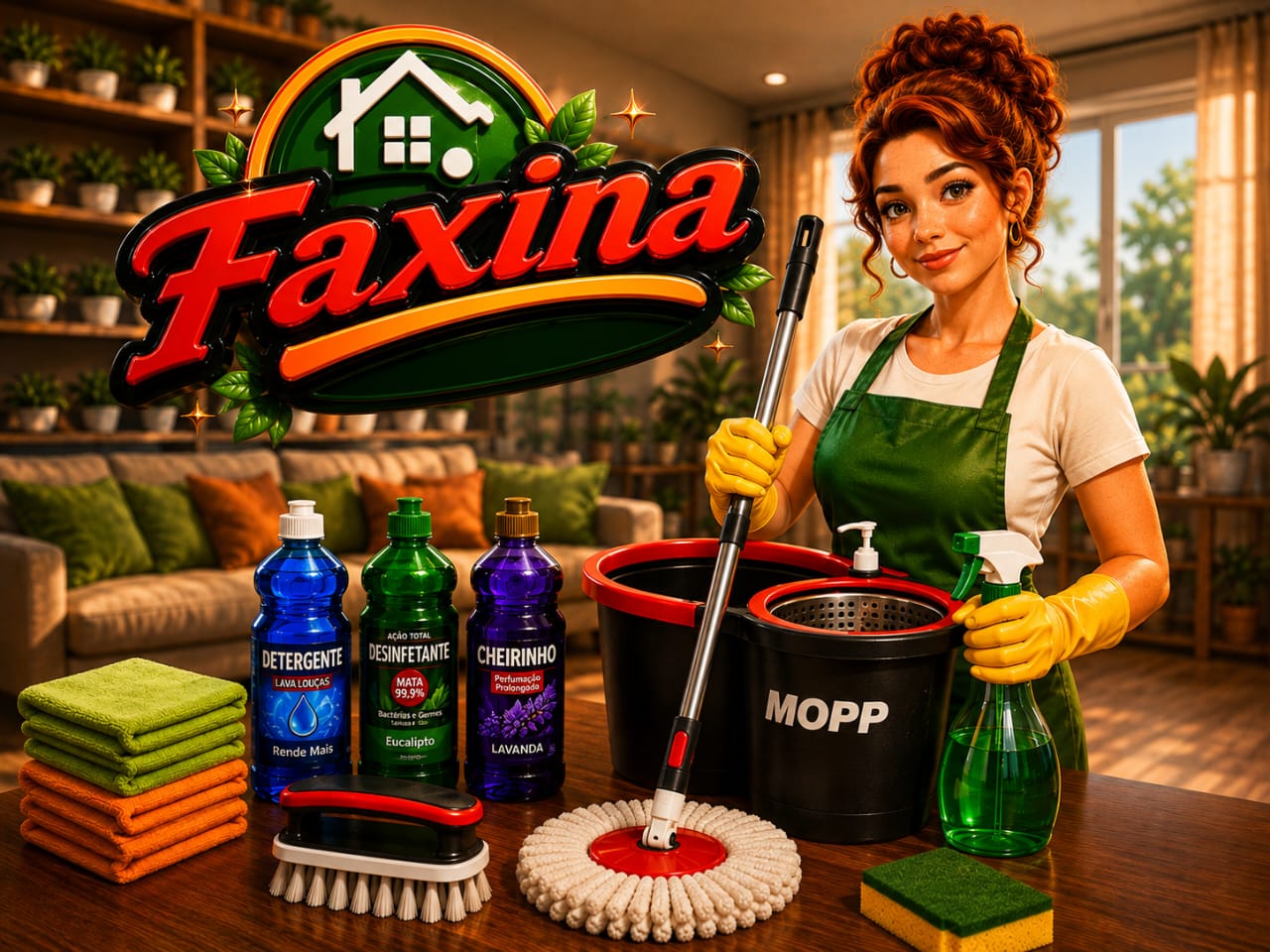 Logo Faxina com produtos de limpeza - balde, detergente, desinfetante, esponja e esfregão